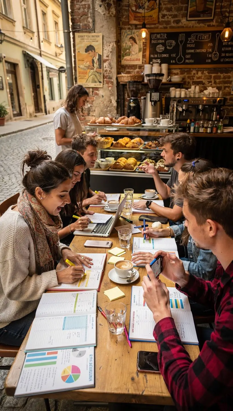 Co-working térben használt nyomtatott pénzügyi tervező, ahol emberek közösen dolgoznak pénzügyi céljaikon.