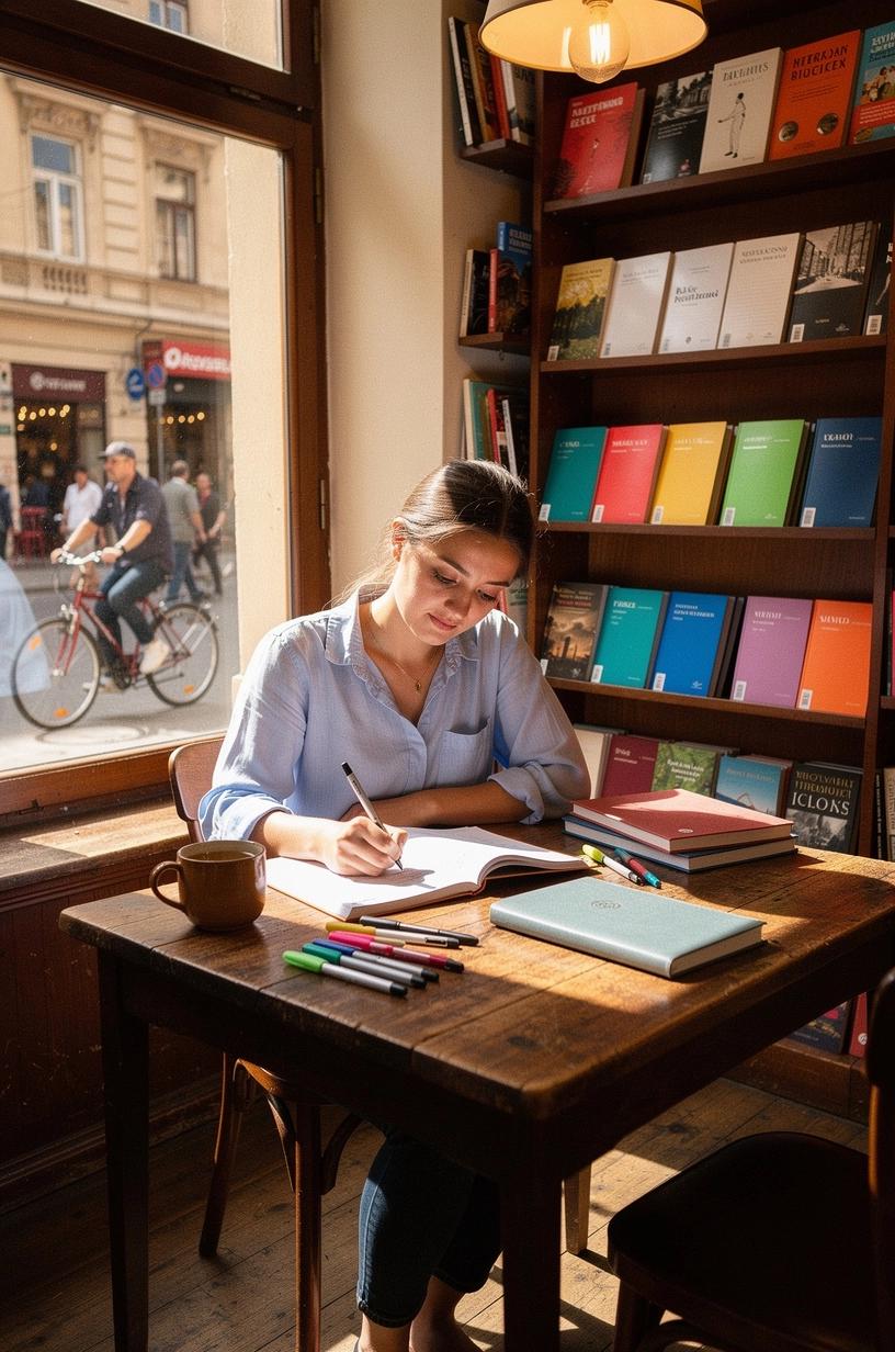 Nyitott költségvetési tervező és jegyzetfüzet, mellette toll, könyvesbolt polcai a háttérben, bemutatva a személyes pénzügyi tervezés eszközeit és lehetőségeit.